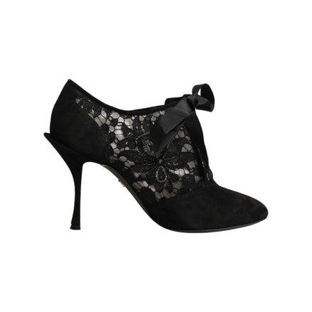 Pantofi stiletto Dolce & Gabbana negri cu șiret și aplicații florale din dantelă
