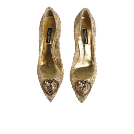 Pantofi cu toc Dolce & Gabbana Devotion din dantelă Gold Taormina