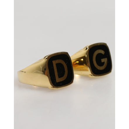 Dolce & Gabbana Gold-Tone Real Brass Black Enamel "DG" Adjustable Rings