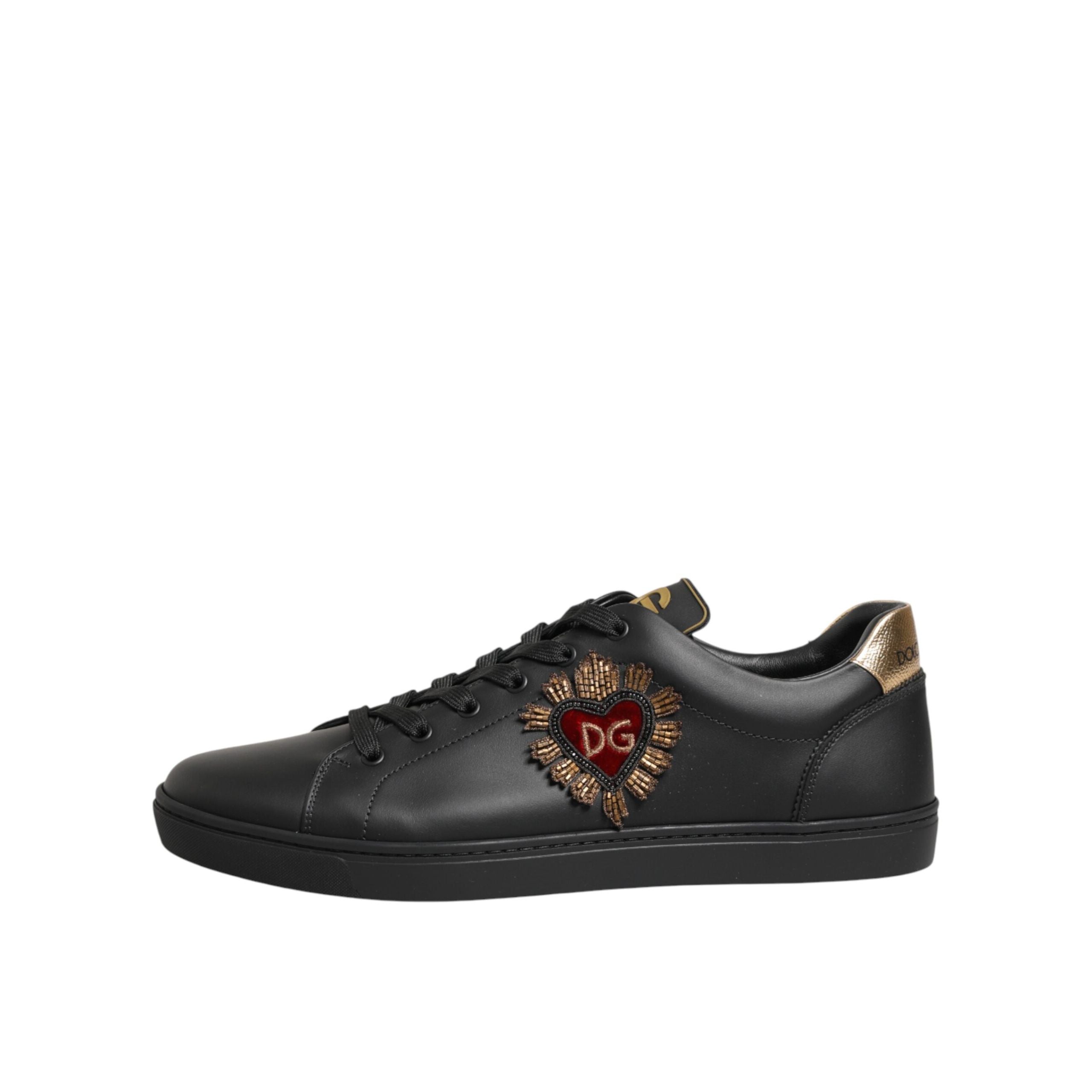 Dolce & Gabbana Black Leather Heart Embellished Sneakers