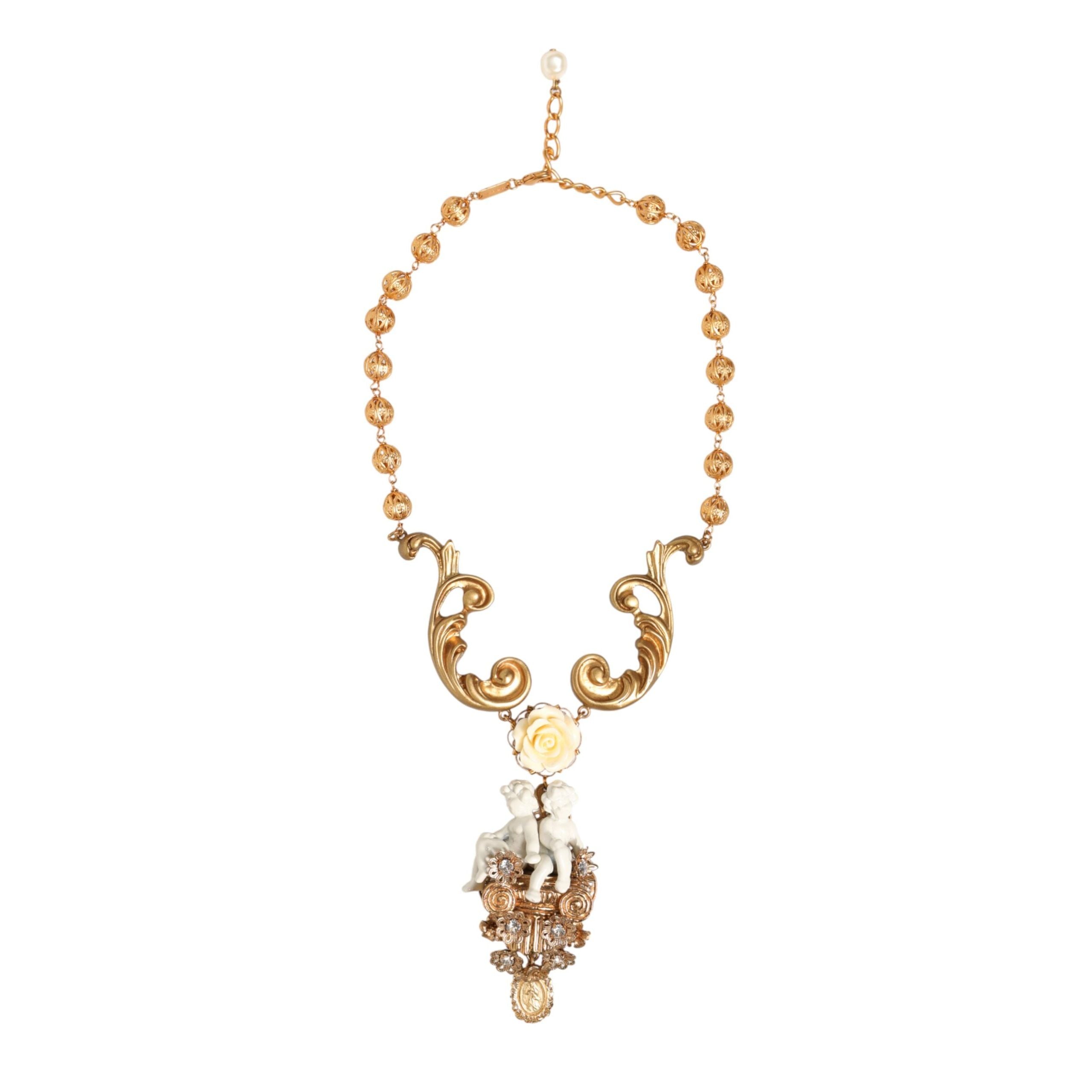 Colier cu pandantiv baroc Dolce & Gabbana din ceramică aurie, cu cristal și heruvim
