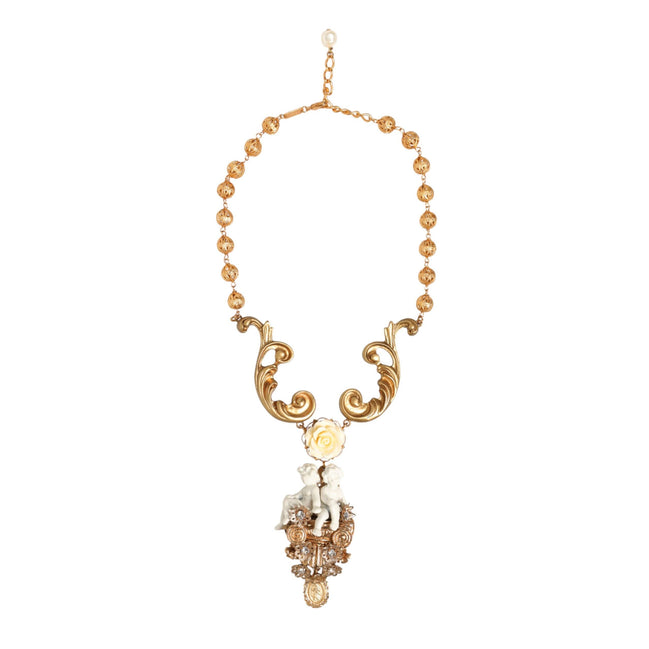 Colier cu pandantiv baroc Dolce & Gabbana din ceramică aurie, cu cristal și heruvim