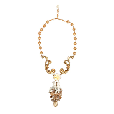Colier cu pandantiv baroc Dolce & Gabbana din ceramică aurie, cu cristal și heruvim
