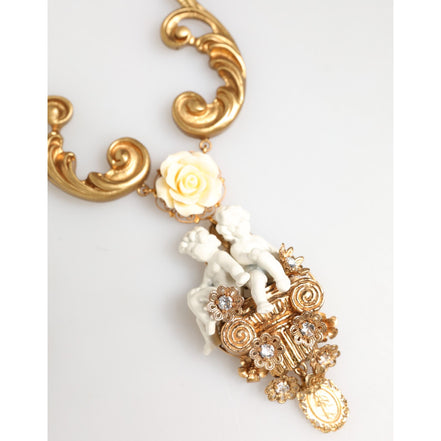 Colier cu pandantiv baroc Dolce & Gabbana din ceramică aurie, cu cristal și heruvim