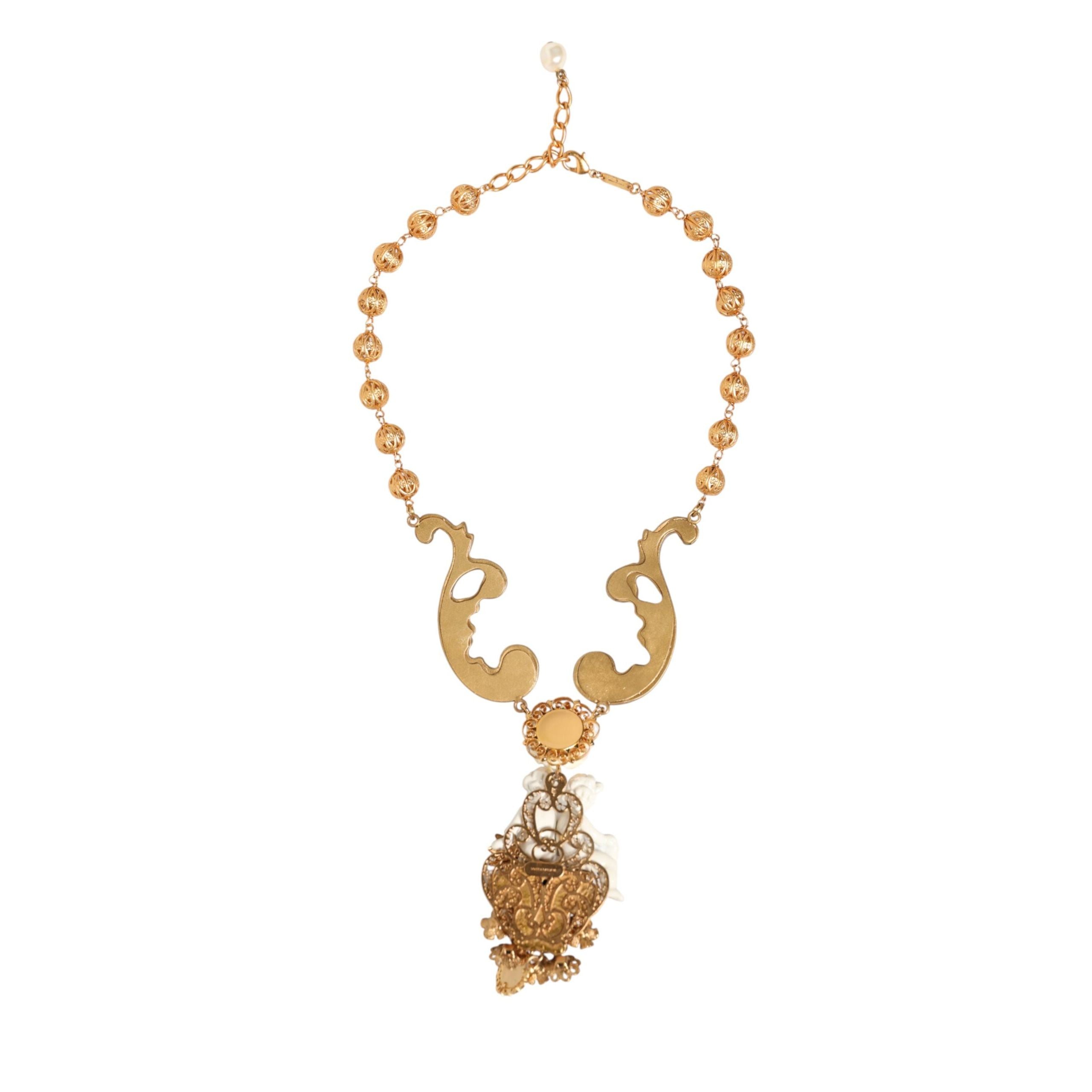 Colier cu pandantiv baroc Dolce & Gabbana din ceramică aurie, cu cristal și heruvim