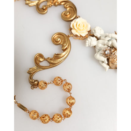 Colier cu pandantiv baroc Dolce & Gabbana din ceramică aurie, cu cristal și heruvim