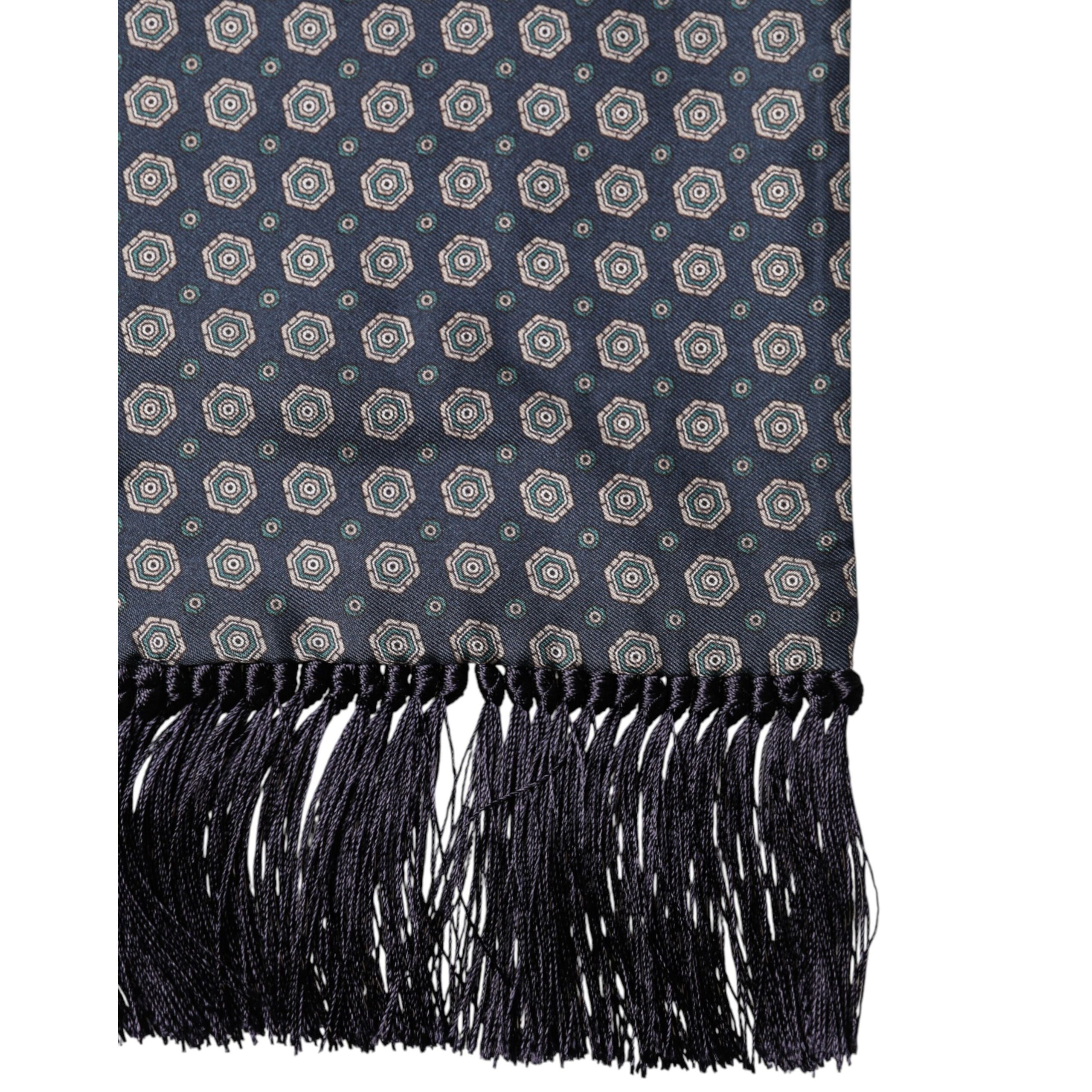 Dolce & Gabbana Blue Patterned Silk Fringes Foulard 138cm x 15.5cm Scarf