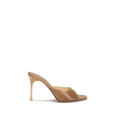 Sandale Amina Muaddi cu toc stiletto, din PVC bej