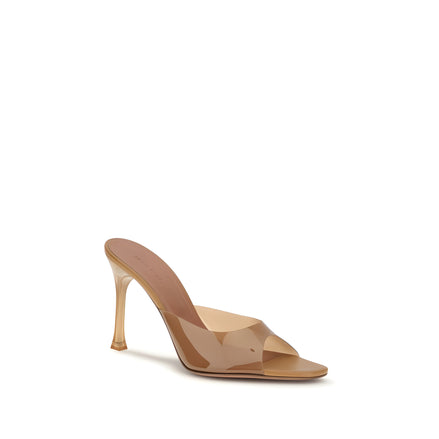 Sandale Amina Muaddi cu toc stiletto, din PVC bej