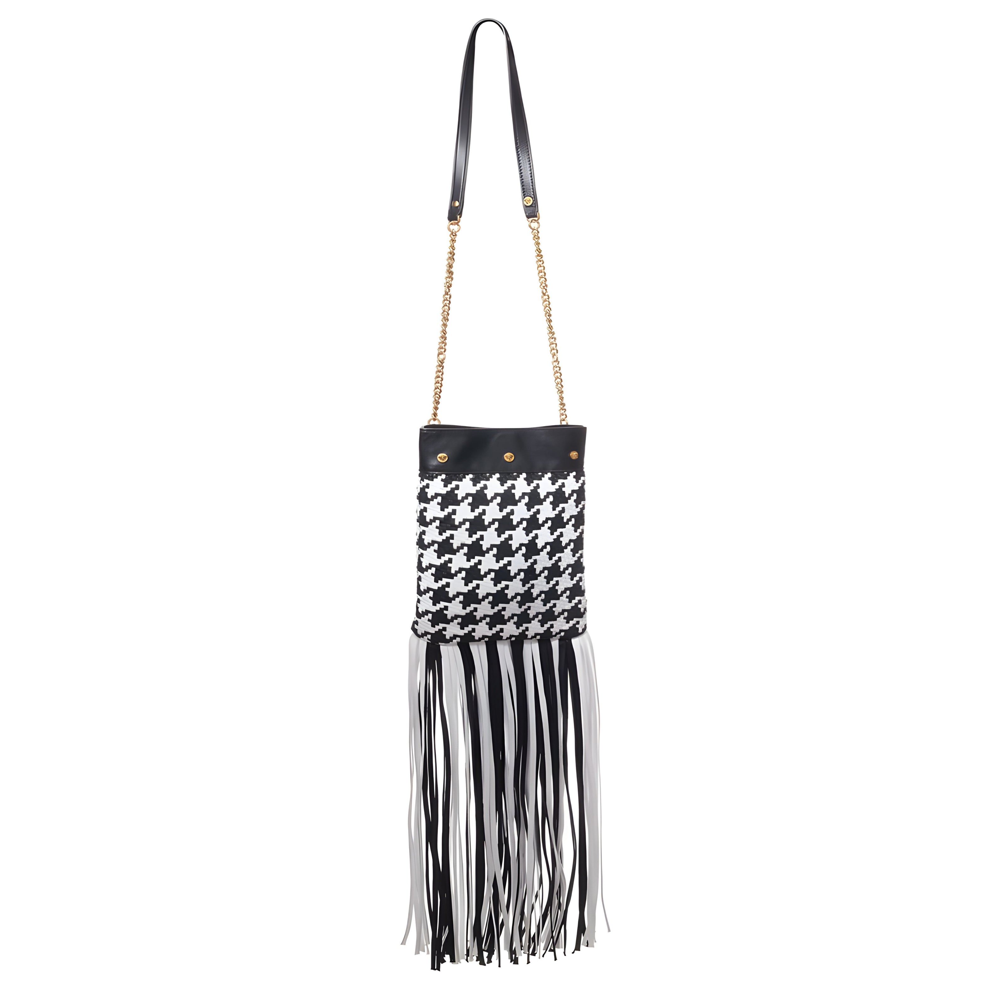 Geantă de umăr Versace din piele și material textil, alb-negru