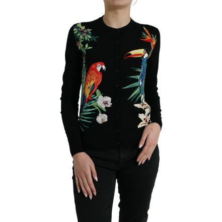 Dolce & Gabbana Black Bird Cardigan Pulover Lână Mânecă Lungă
