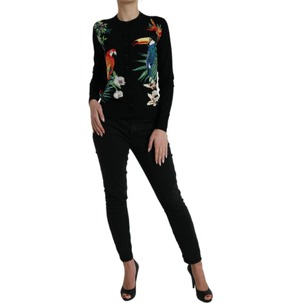 Dolce & Gabbana Black Bird Cardigan Pulover Lână Mânecă Lungă