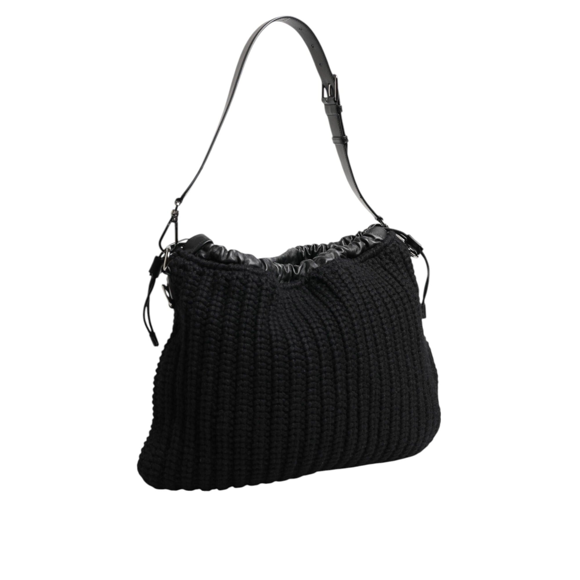 Dolce & Gabbana Black Cashmere Knitted Leather Shoulder Bag