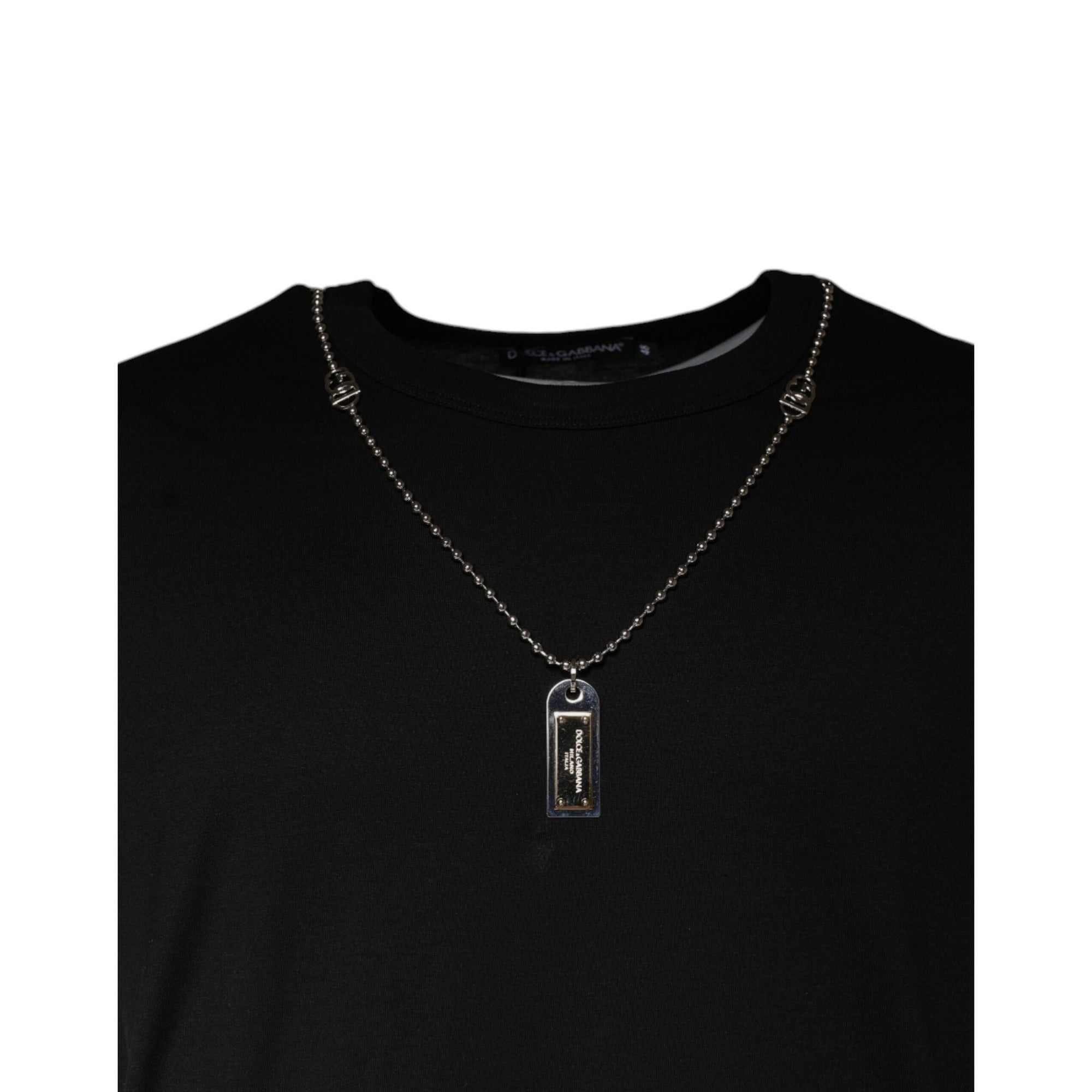 Tricou Dolce & Gabbana negru din bumbac, cu guler împodobit