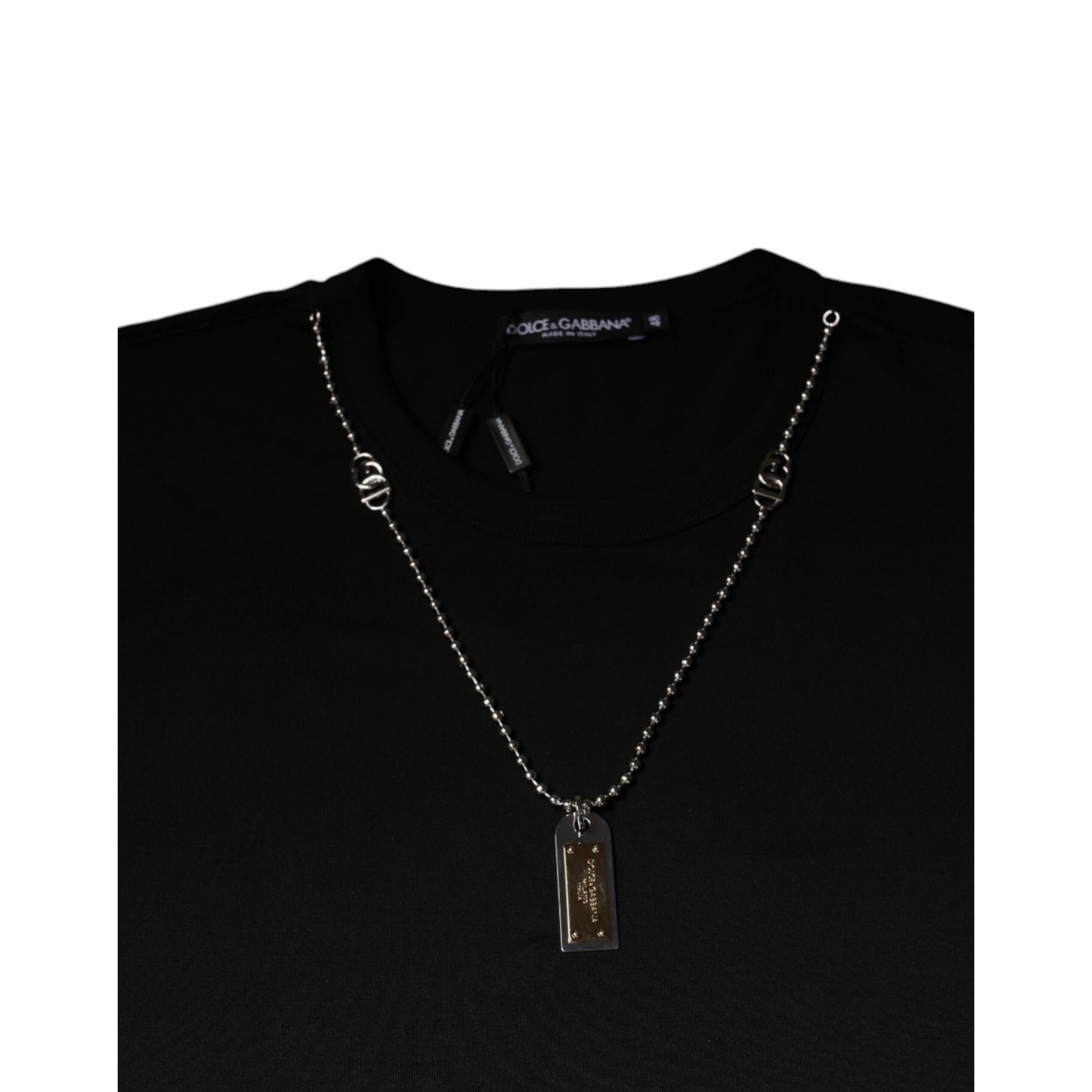 Tricou Dolce & Gabbana negru din bumbac, cu guler împodobit