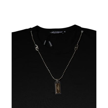 Tricou Dolce & Gabbana negru din bumbac, cu guler împodobit