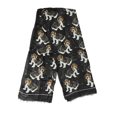 Dolce & Gabbana Eșarfă neagră din modal și lână tip fular, cu imprimeu câine, 178cm X 63cm