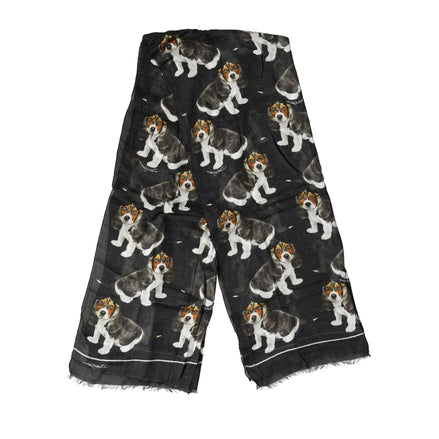 Dolce & Gabbana Eșarfă neagră din modal și lână tip fular, cu imprimeu câine, 178cm X 63cm