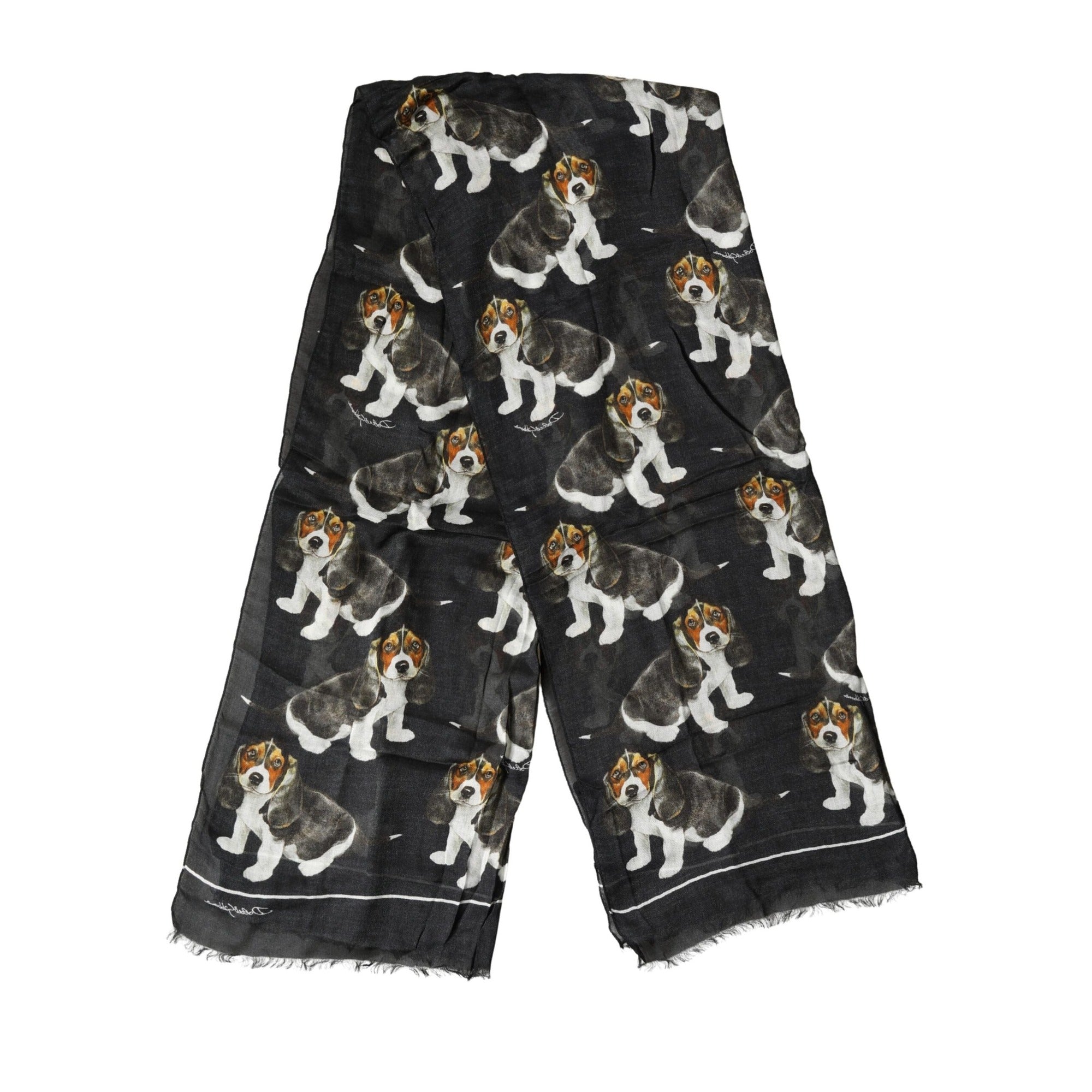 Dolce & Gabbana Black Dog Print Modal Wool Wrap Foulard 178cm X 63cm Scarf