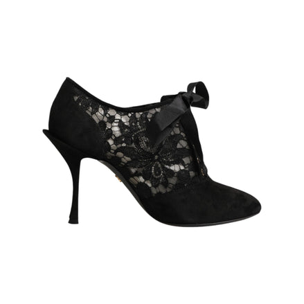 Pantofi stiletto Dolce & Gabbana negri cu șiret și aplicații florale din dantelă
