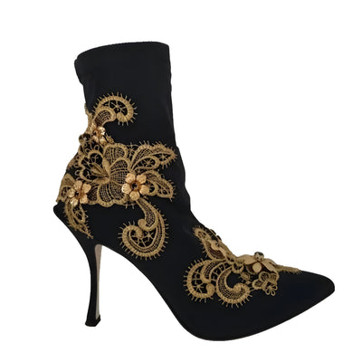 Ghete Dolce & Gabbana negre cu broderie aurie și cristale