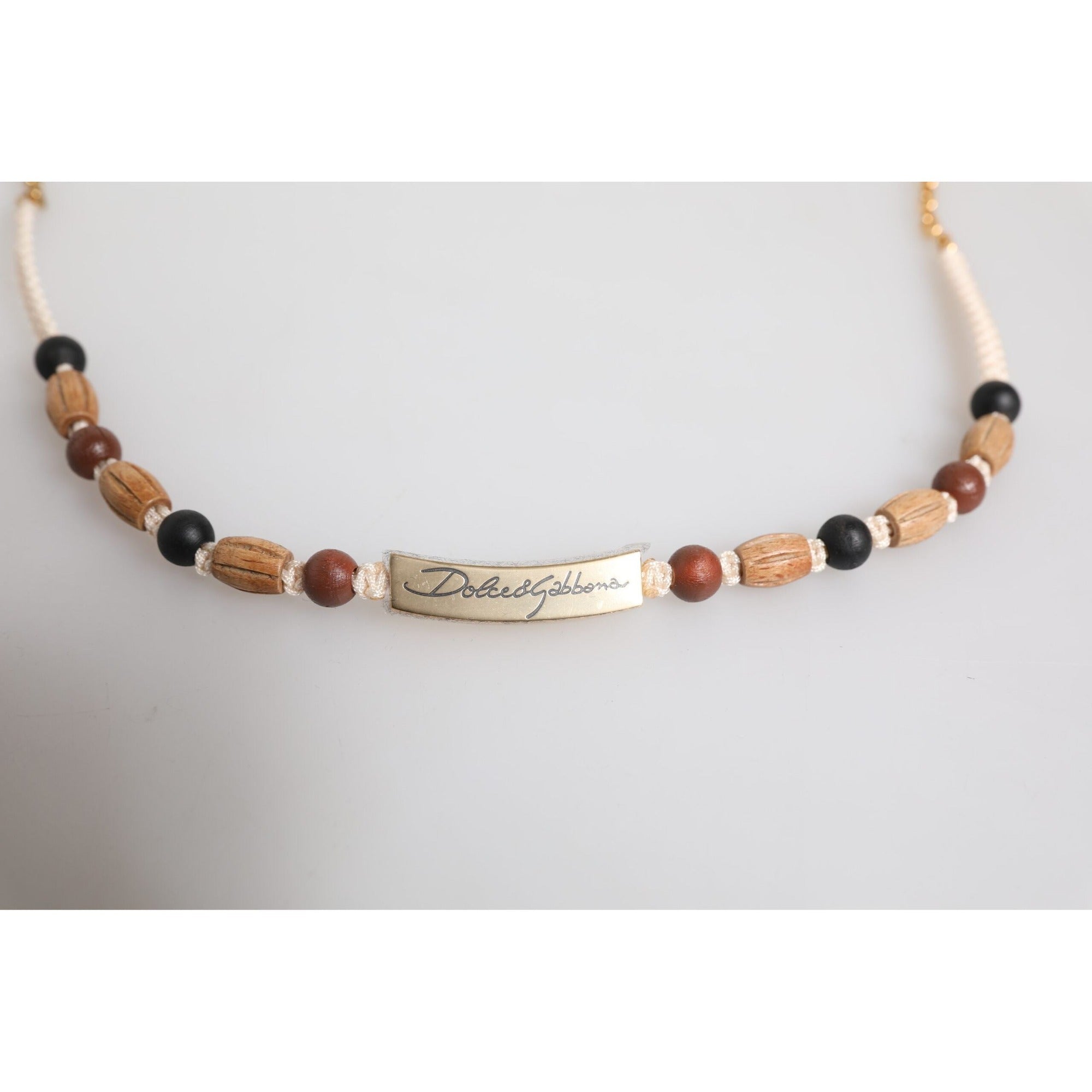 Dolce & Gabbana Black Gold Wooden Beaded Logo Pendant Necklace