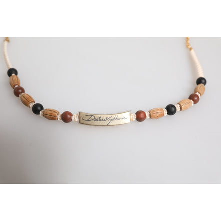 Dolce & Gabbana Black Gold Wooden Beaded Logo Pendant Necklace