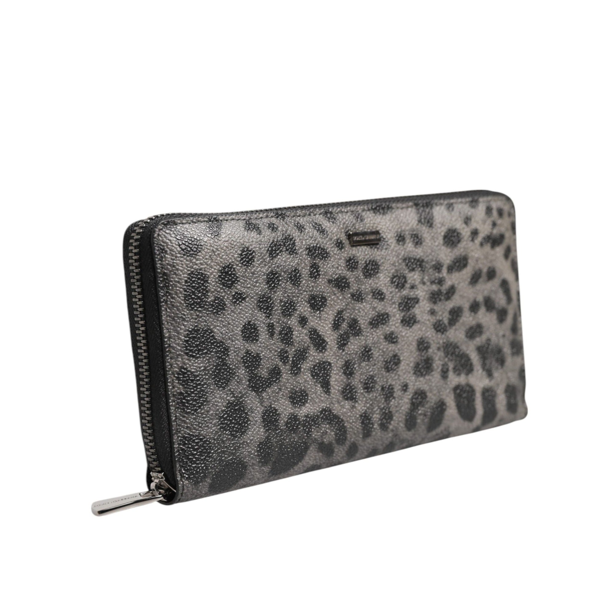 Portofel Continental Dolce & Gabbana Negru Gri Leopard Piele cu Fermoar Pe Toată Lungimea