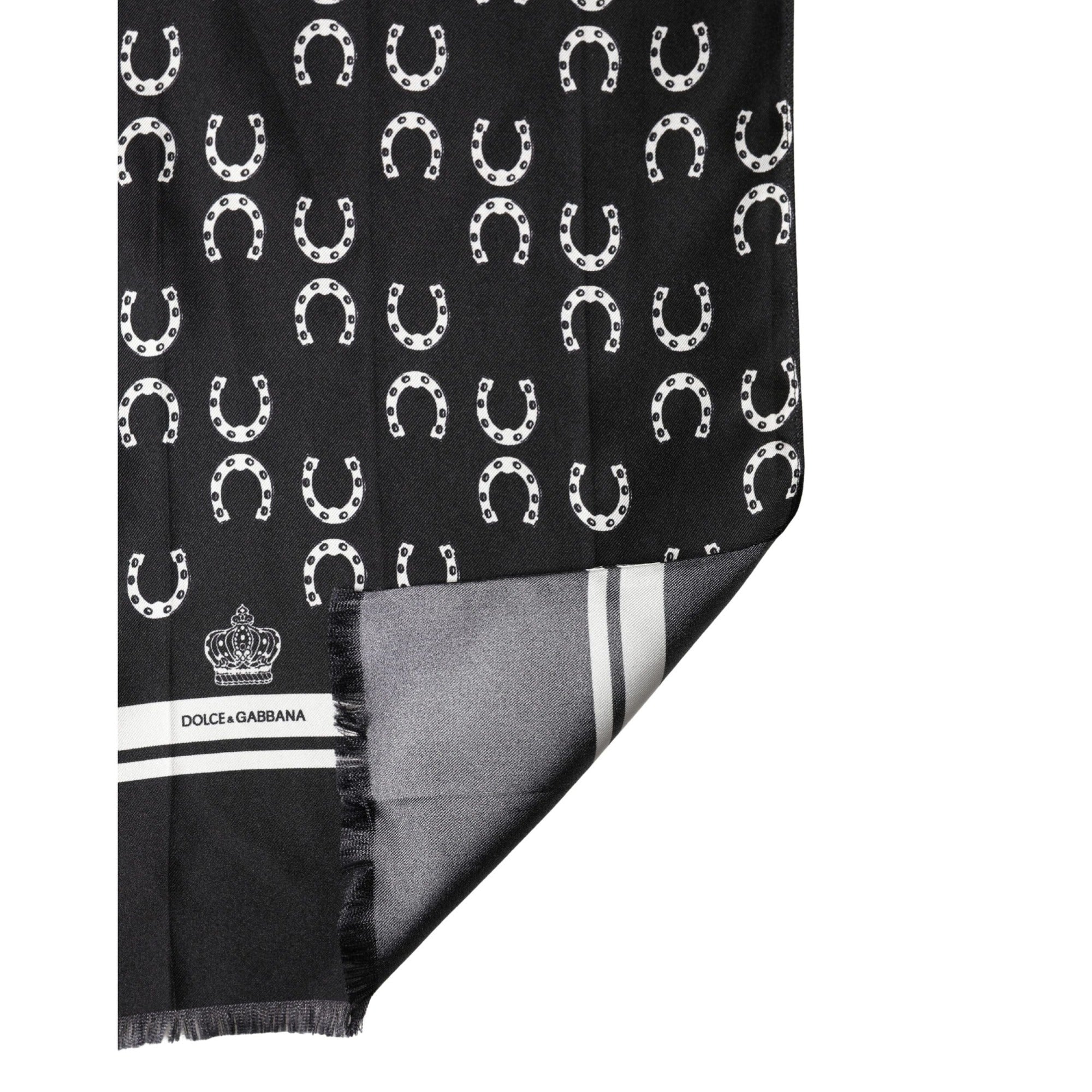 Dolce & Gabbana Black Horseshoe Silk Neck Foulard 136cm x 23cm Scarf