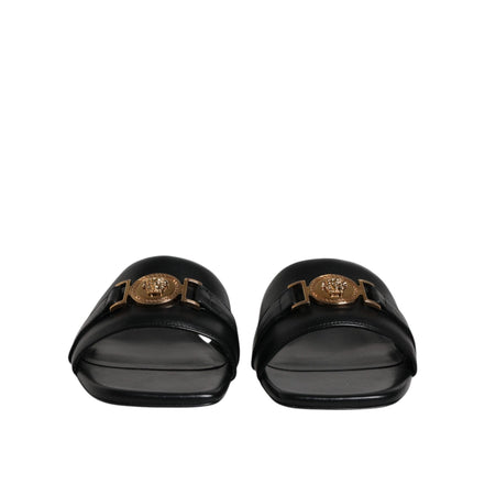 Versace Black Leather Slip-On Slides