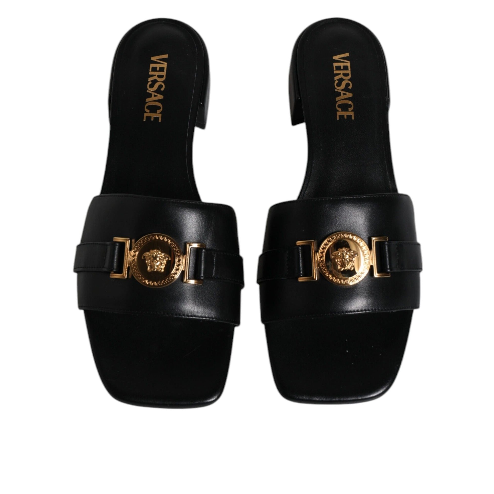 Versace Black Leather Slip-On Slides