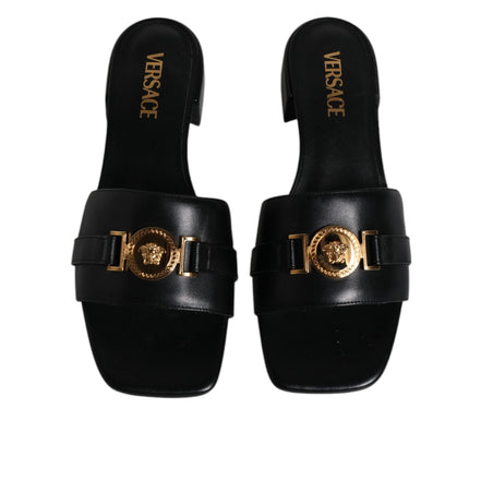 Versace Black Leather Slip-On Slides