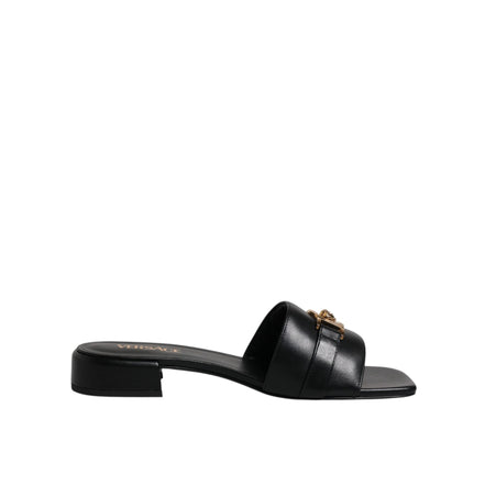 Versace Black Leather Slip-On Slides