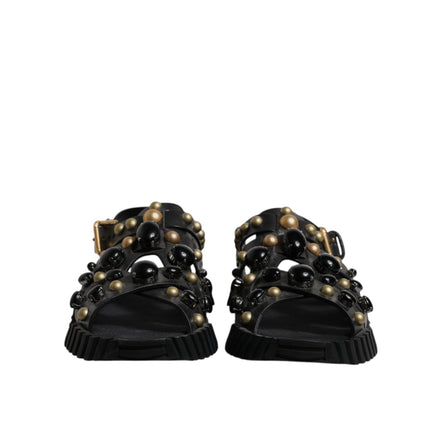 Dolce & Gabbana Black Leather Studded Slide Sandals