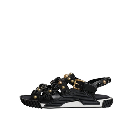 Dolce & Gabbana Black Leather Studded Slide Sandals