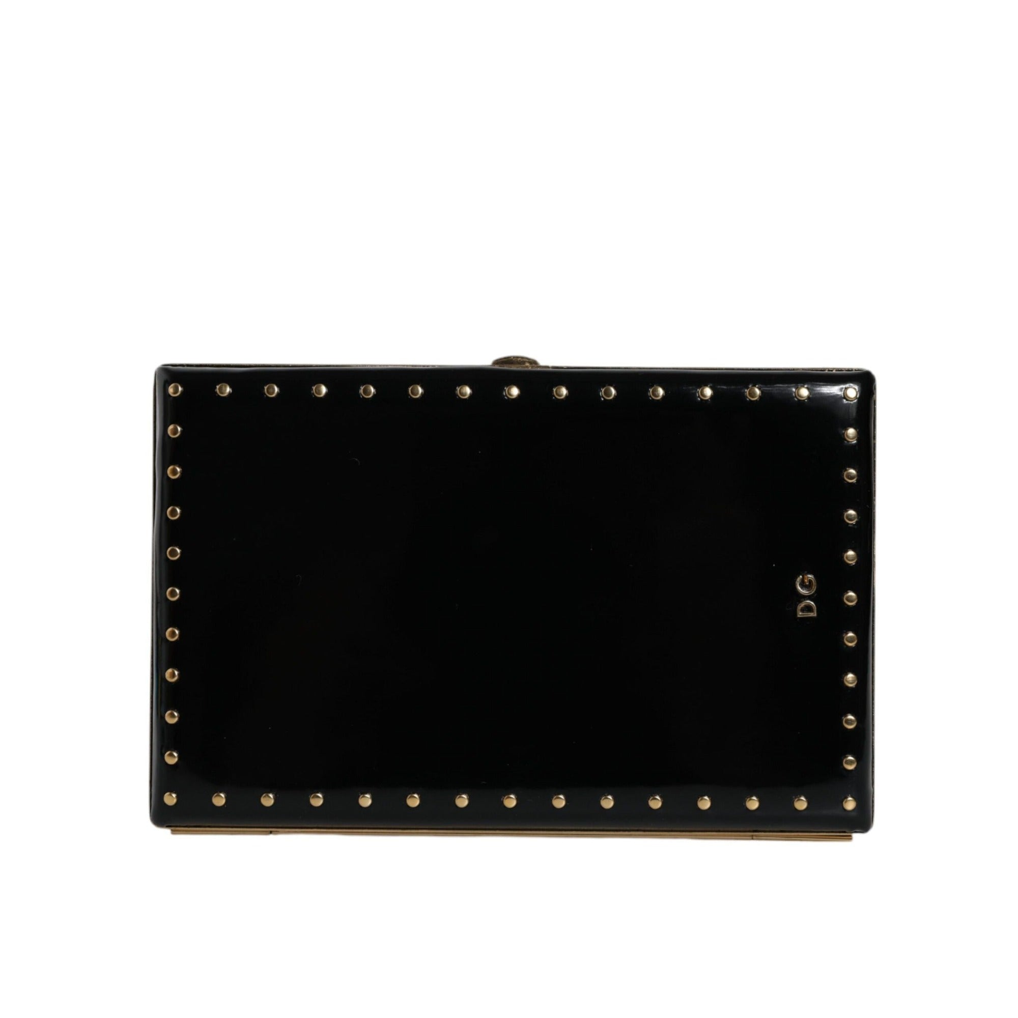 Poșetă de seară tip clutch Dolce & Gabbana din piele neagră cu ținte și ramă aurie