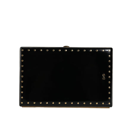 Poșetă de seară tip clutch Dolce & Gabbana din piele neagră cu ținte și ramă aurie
