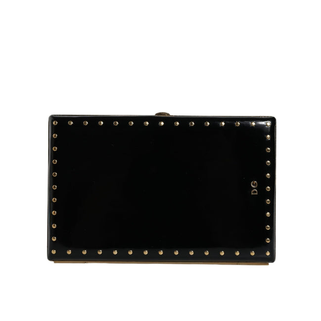 Poșetă de seară tip clutch Dolce & Gabbana din piele neagră cu ținte și ramă aurie