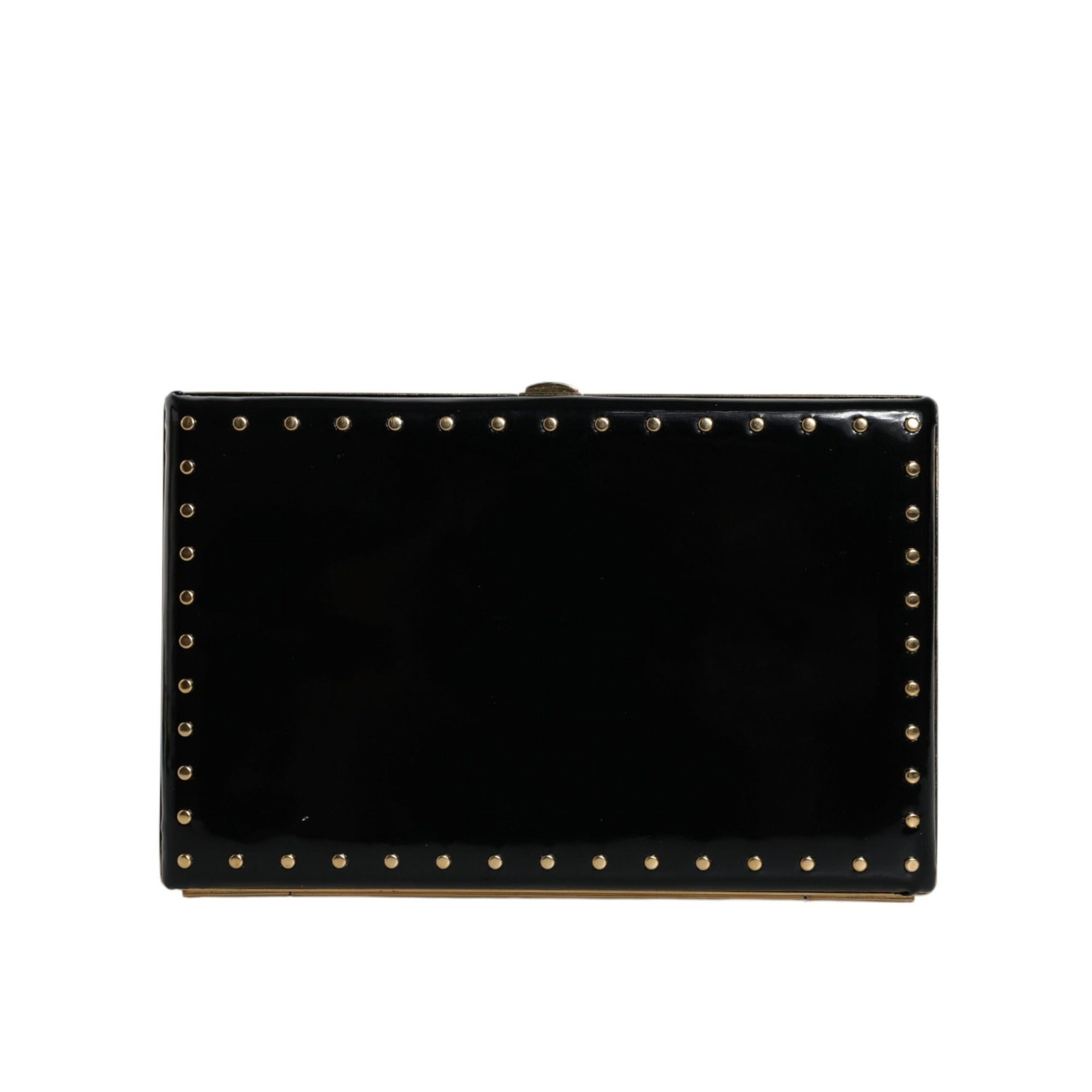 Poșetă de seară tip clutch Dolce & Gabbana din piele neagră cu ținte și ramă aurie