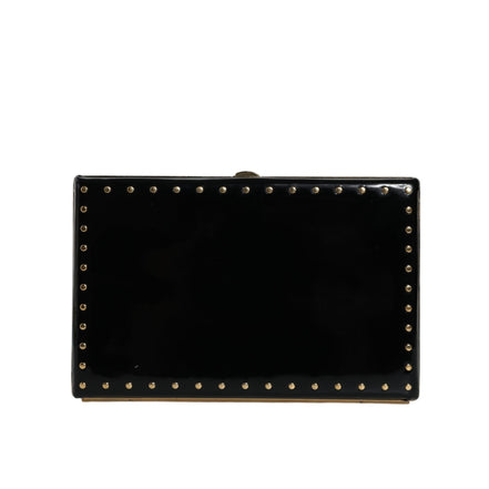 Poșetă de seară tip clutch Dolce & Gabbana din piele neagră cu ținte și ramă aurie