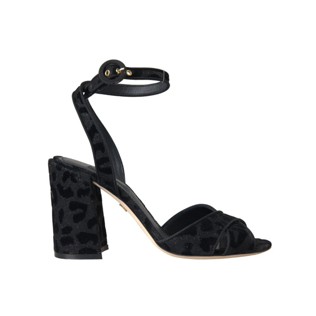 Sandale Dolce & Gabbana cu toc Stiletto, din piele întoarsă neagră, cu leopard