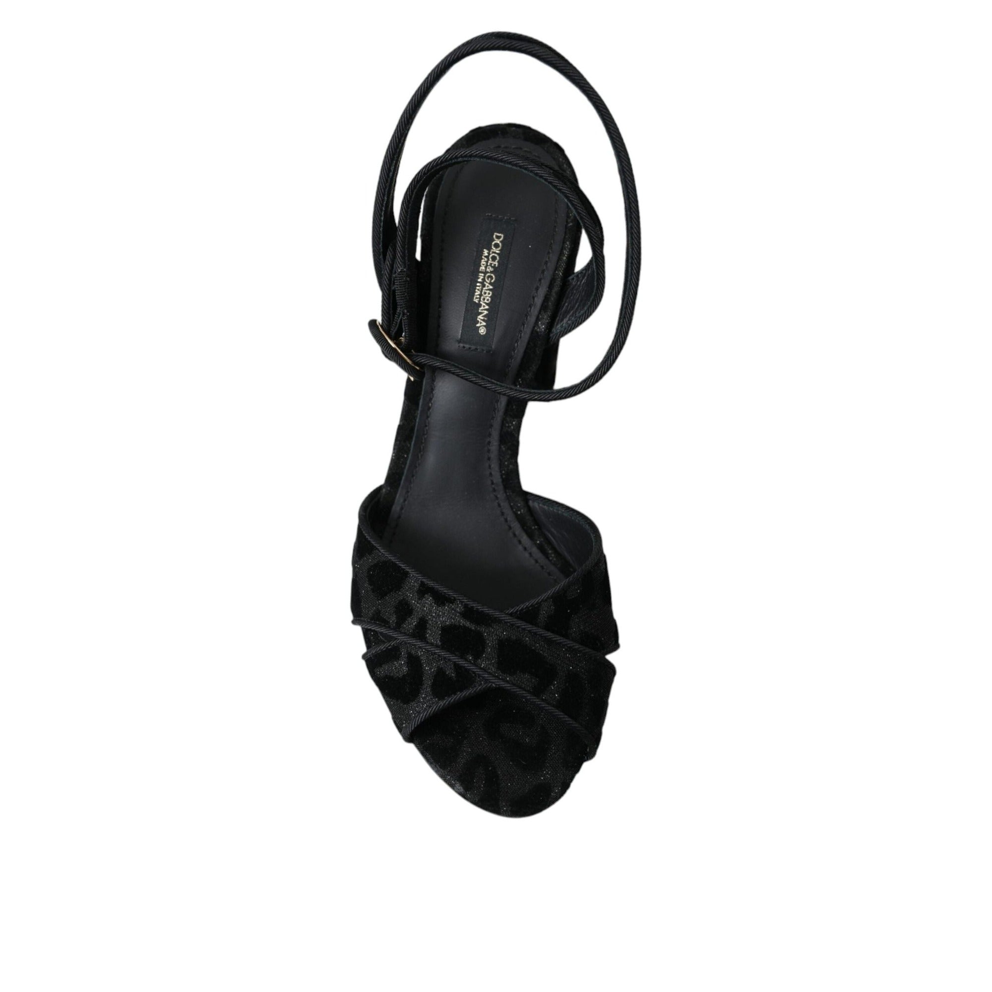 Sandale Dolce & Gabbana cu toc Stiletto, din piele întoarsă neagră, cu leopard