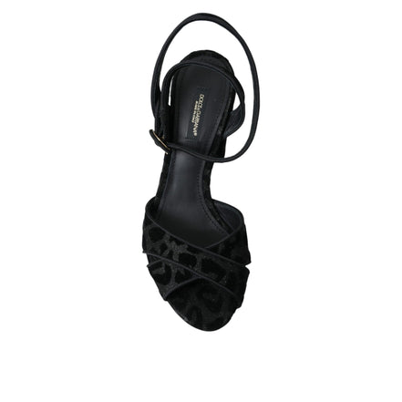 Sandale Dolce & Gabbana cu toc Stiletto, din piele întoarsă neagră, cu leopard