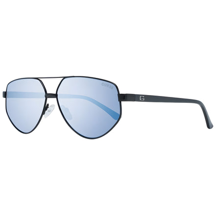 Aviator sunglasses with black frame and blue mirrored lenses on white background