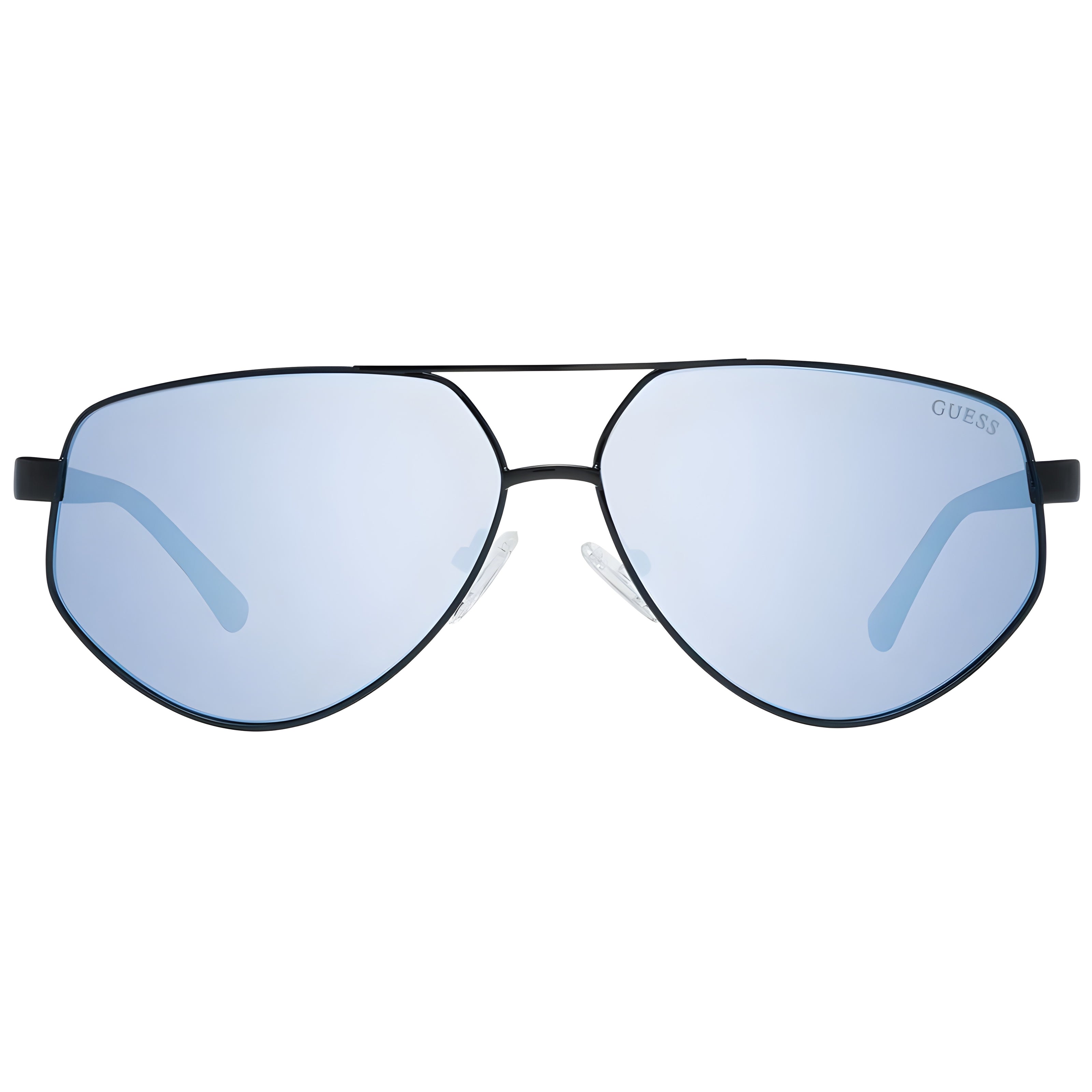 Aviator sunglasses with light blue mirrored lenses and thin black metal frame.