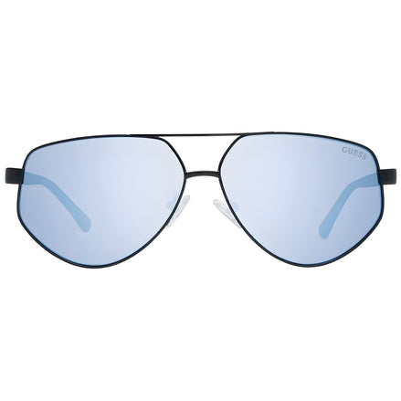 Aviator sunglasses with light blue mirrored lenses and thin black metal frame.