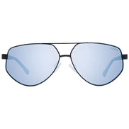 Aviator sunglasses with light blue mirrored lenses and thin black metal frame.