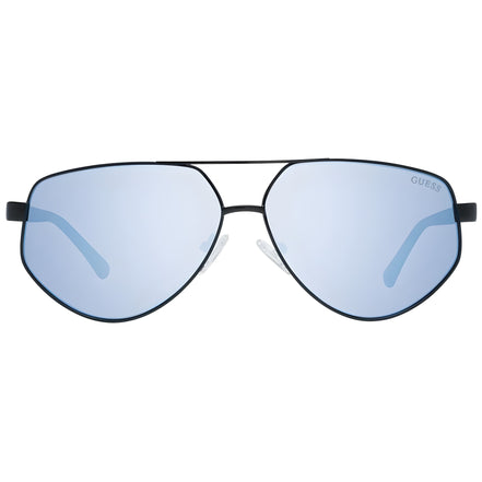 Aviator sunglasses with light blue mirrored lenses and thin black metal frame.
