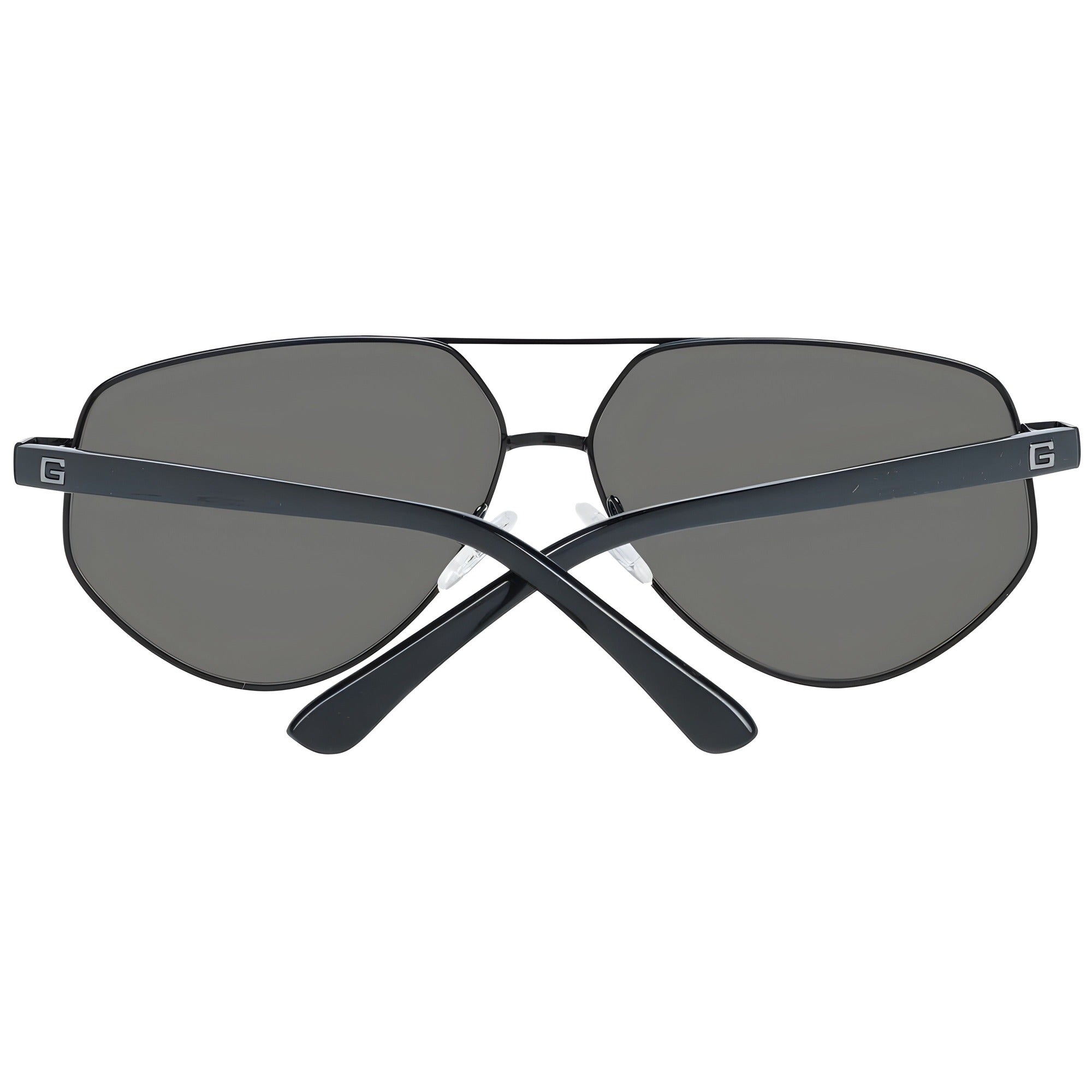Black aviator sunglasses with dark lenses, metal frame, and G logo on arms