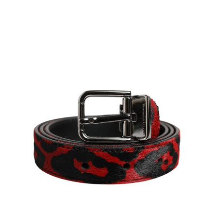 Dolce & Gabbana Curea Neagră Roșie Leopard cu Cataramă Argintie Metalică